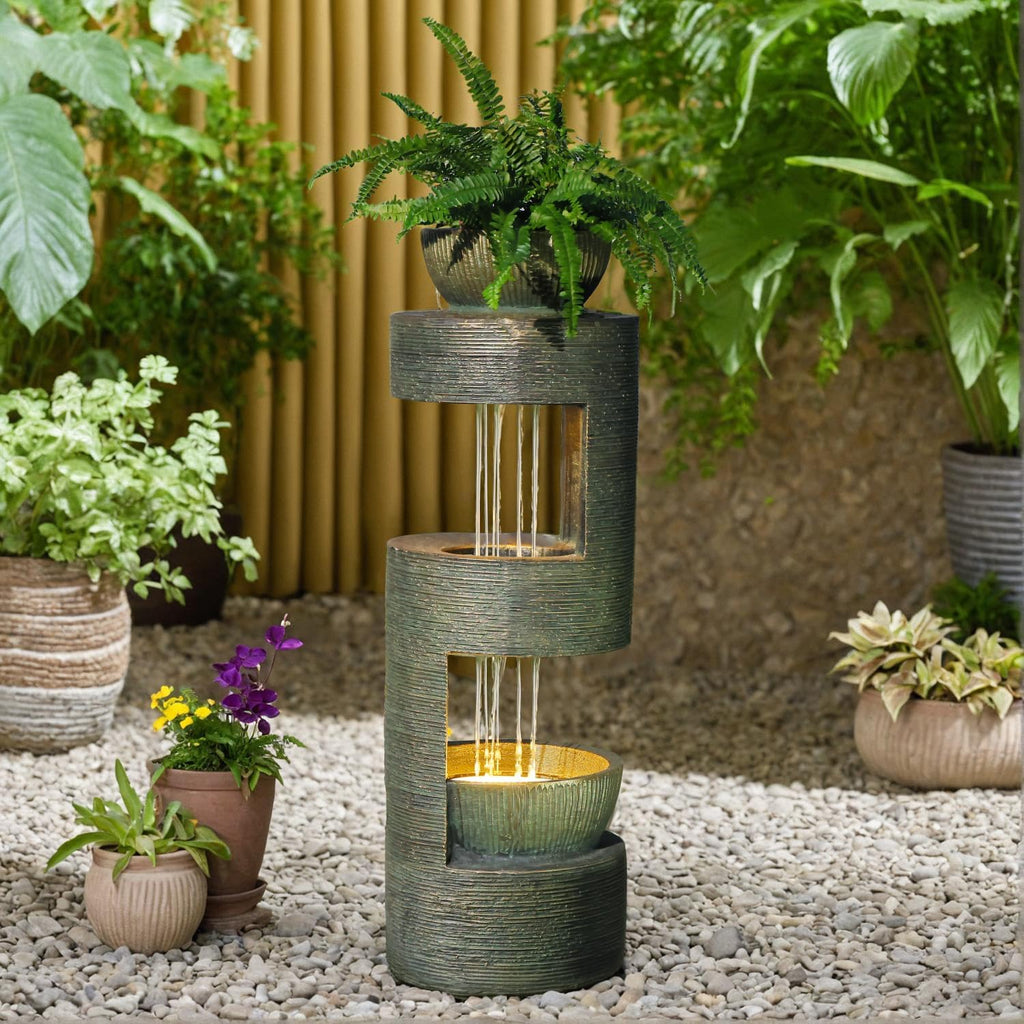 37.8" Outdoor Fountain with Waterfall & LED Lights, Freestanding Garden Water Fountain for Patio/Backyard, Resin Tiered Fountain with Pump