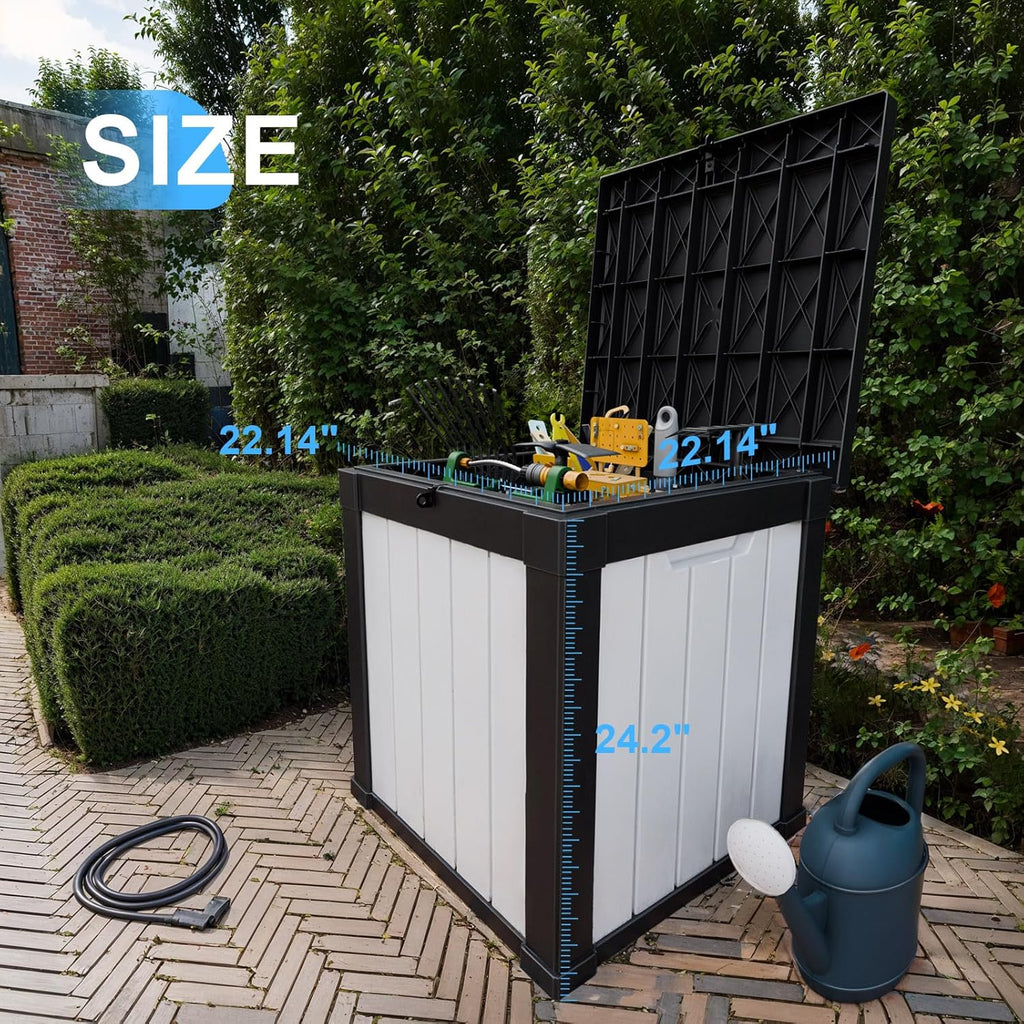 50-Gallon Outdoor Deck Box,Storage Lockable Waterproof Patio Furniture,Garden Tools,Cushions,Pool Accessories Outside Storage Resin Box(Black and White)
