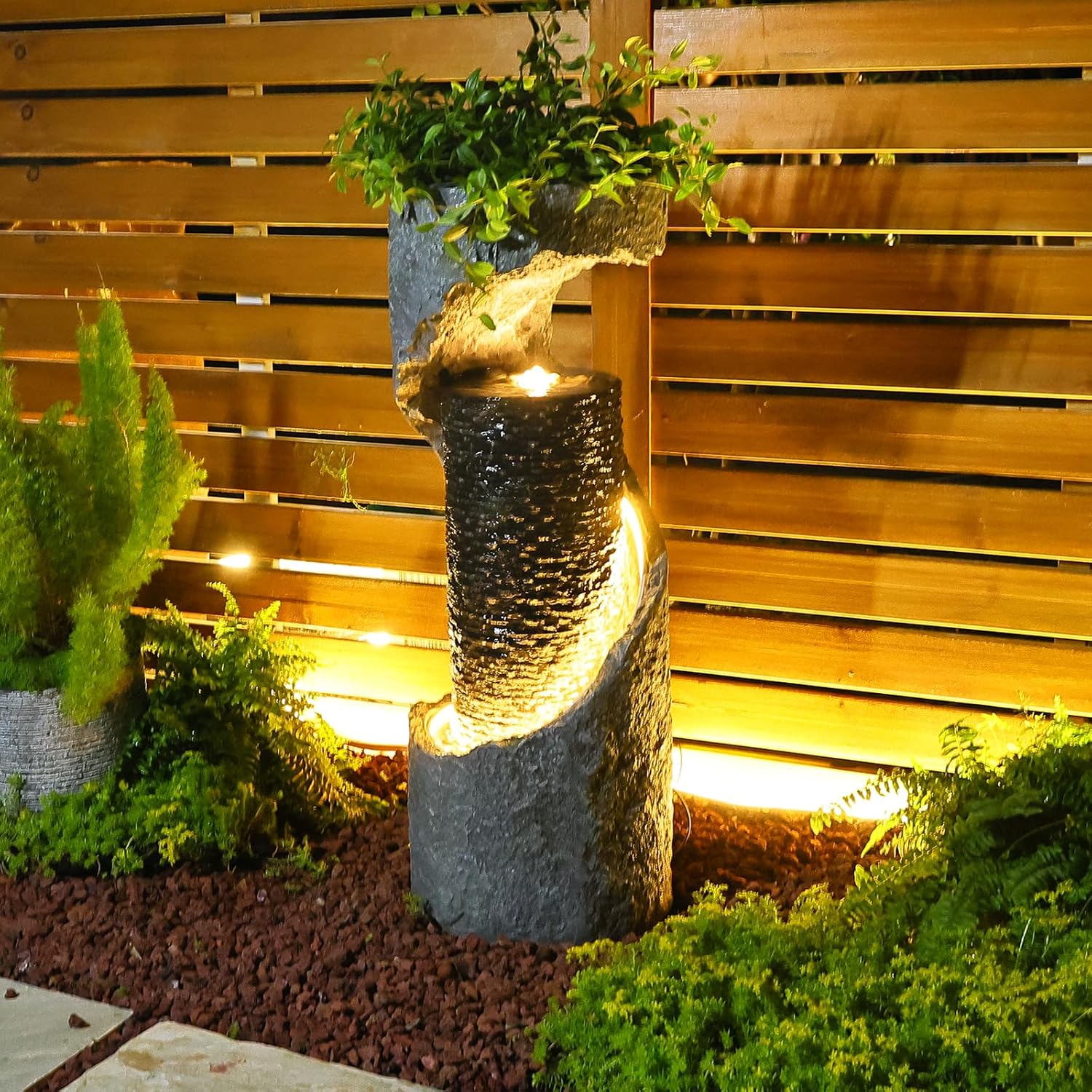 Water Fountain Outdoor 35.4" H Modern Outdoor Fountains and Waterfalls Flooring Standing Indoor Fountain with LED Lights and Pump for Garden, Patio, Deck, Backyard, Porch and Home Art Decor