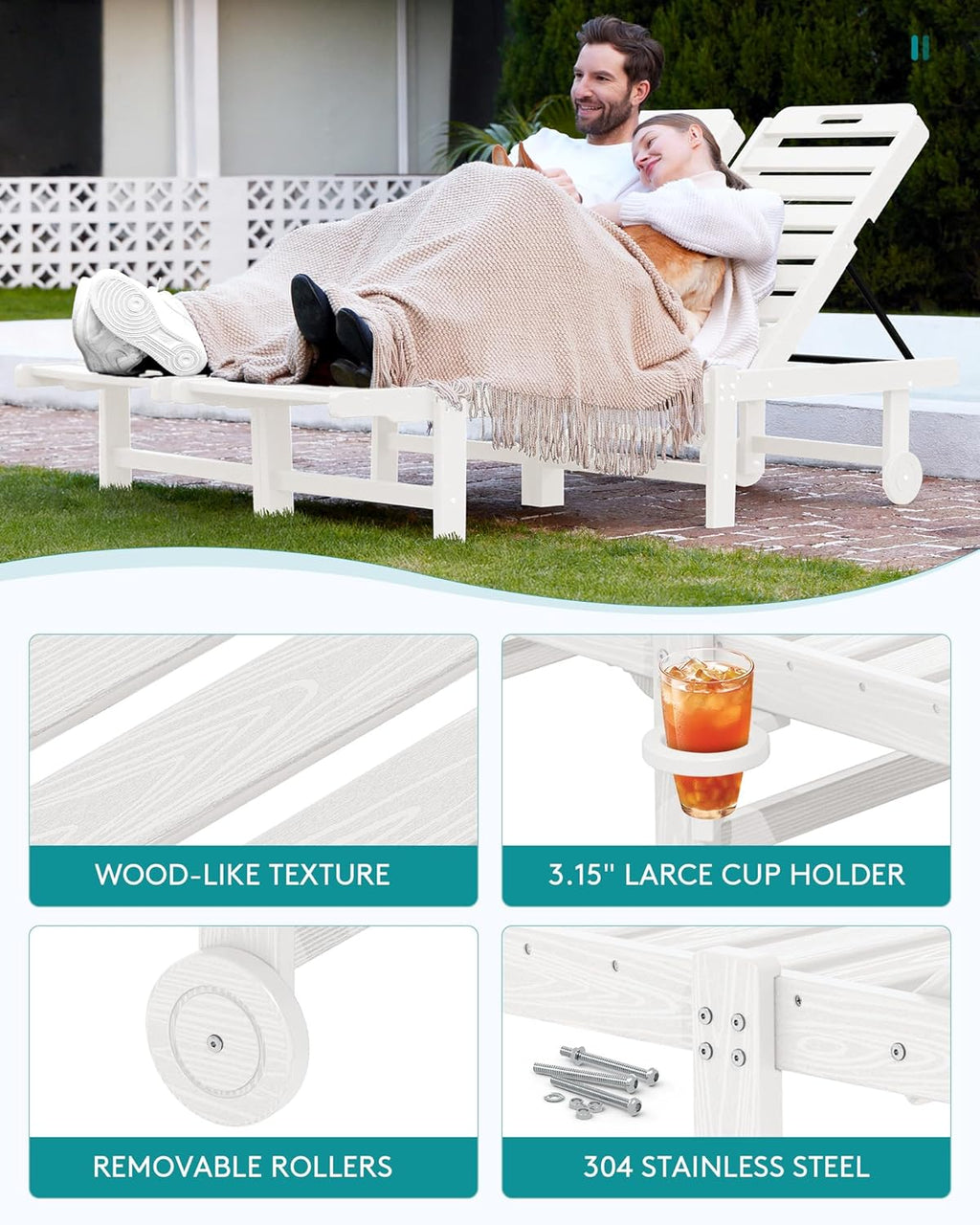 SERWALL Patio Chaise Lounge Set of 4, HDPE Outdoor Lounge Chair with Cup Holder, 5 Positions Adjustable Pool Lounge Chair with Rolling Wheels for Poolside, Deck, Sunbathing, White