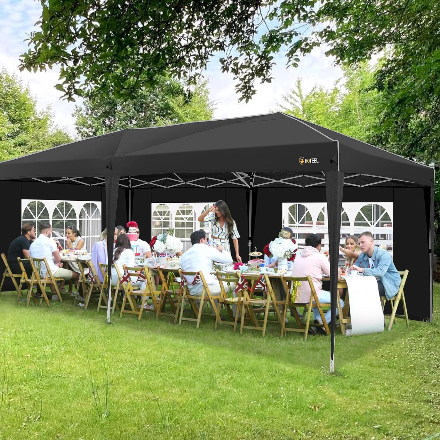 HOTEEL 10x20 Pop up Canopy with 6 Sidewalls, One Push Instant Setup Outdoor Canopy Tent with Reinforce Rod, Weight Bag, for Parties, Events, Black