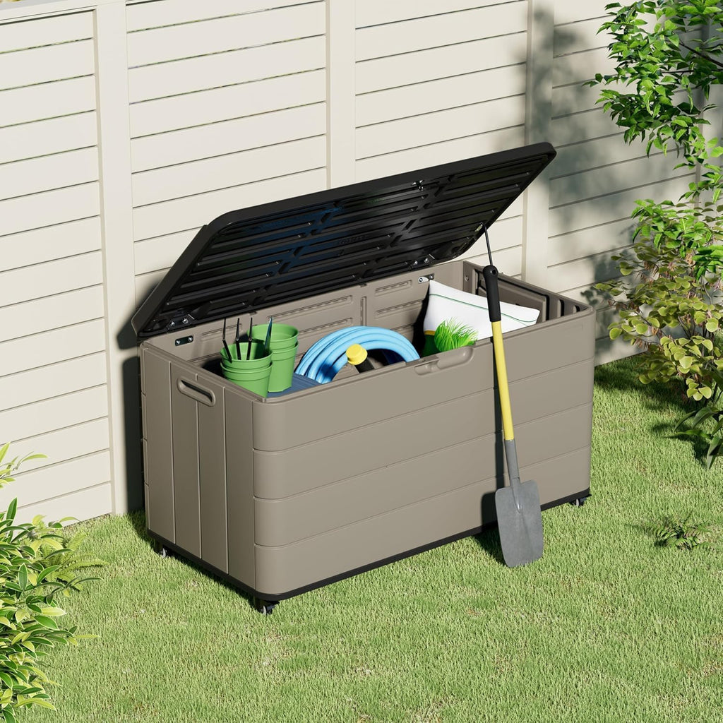100GAL Brown Wicker-Textured Deck Box with Wheels – Lockable, Waterproof, UV-Resistant, Spacious Storage for Patio & Garden Supplies, Easy Handling