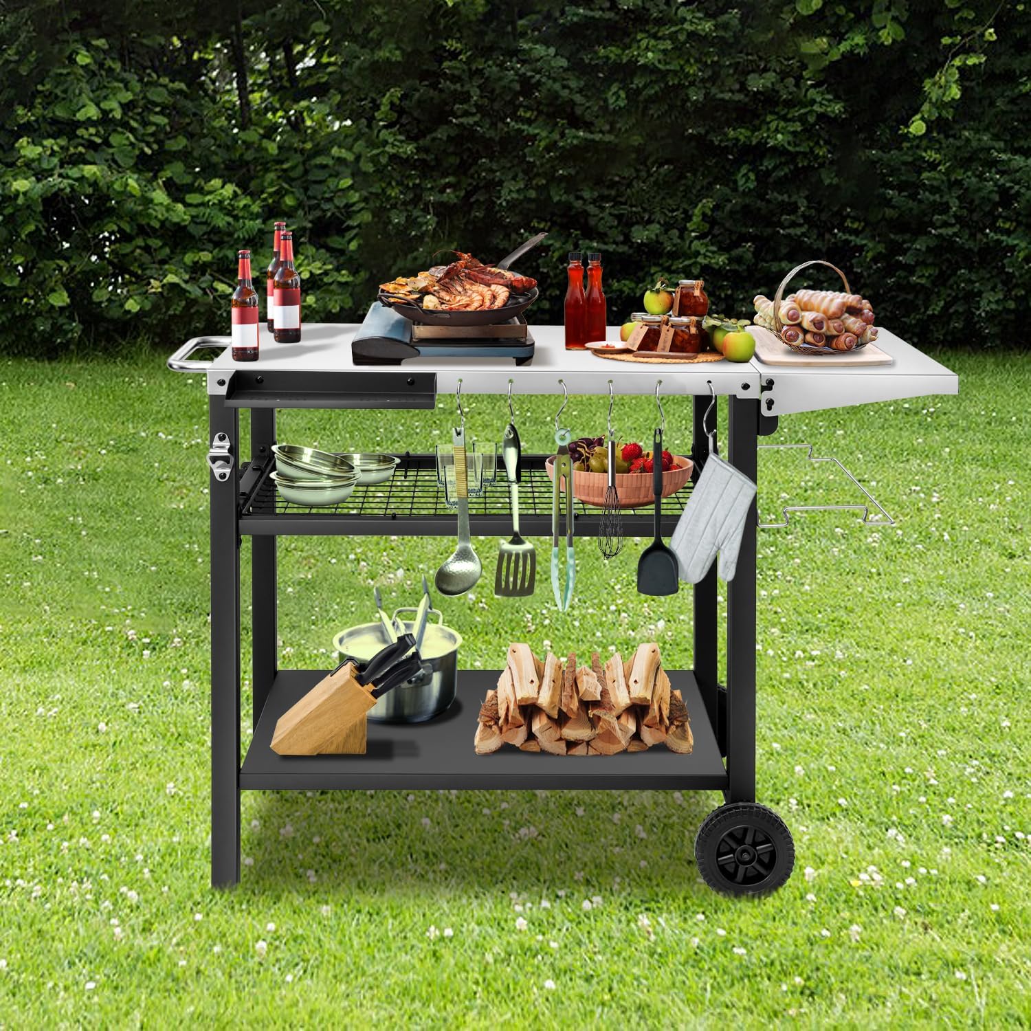 EDOSTORY Outdoor Grill Cart Pizza Oven Stand, Three-Shelf Stainless Steel Food Prep Table Patio BBQ Grill Table Bar Cart Kitchen Island with Wheels