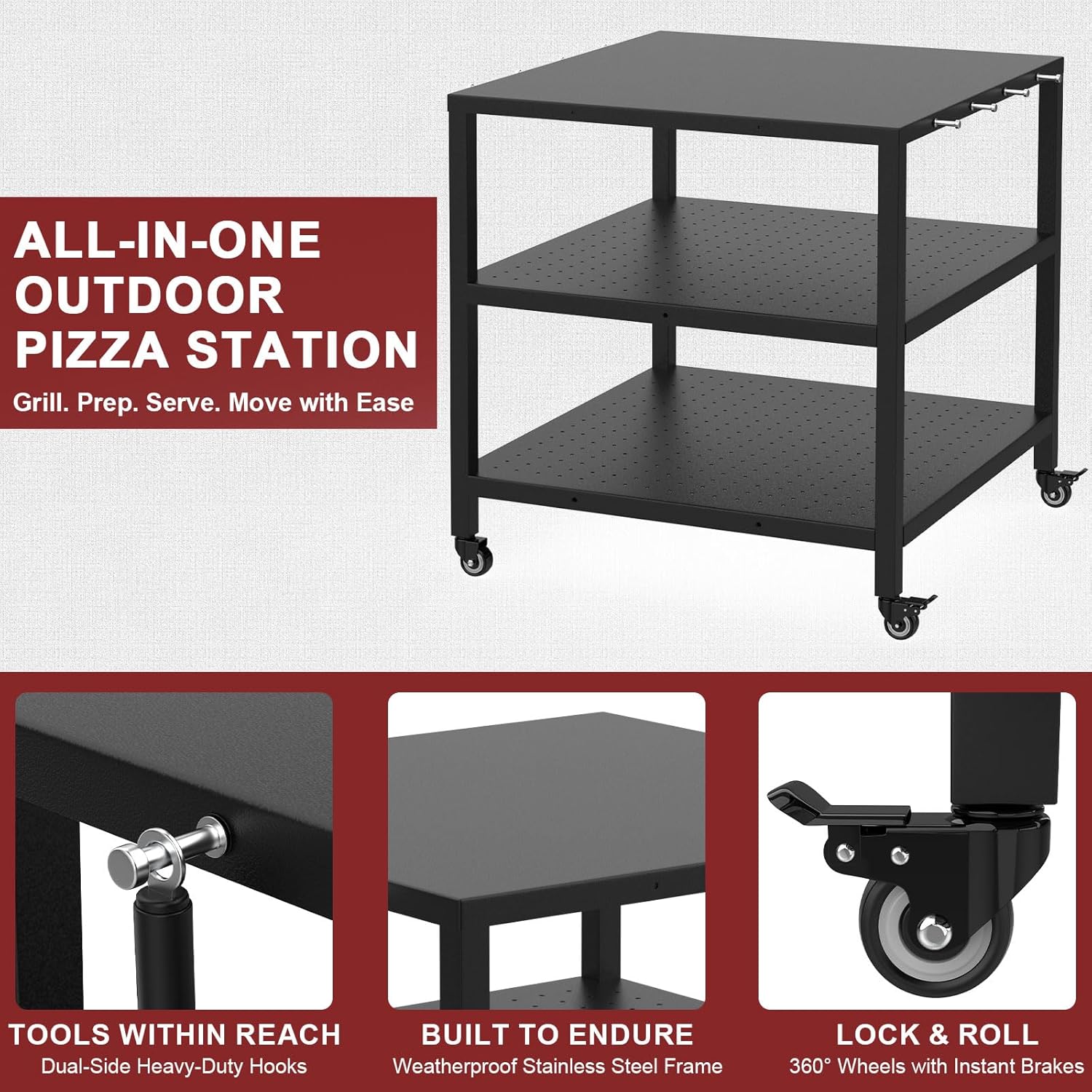 Pizza Oven Table Cart for Ooni/Ninja Woodfire/Blackstone/Cuisinart Pizza Oven Stand for Outside, Modular Table Movable Prep Cart with Pizza Topping Station for Ooni Koda Karu Fyra 16/12