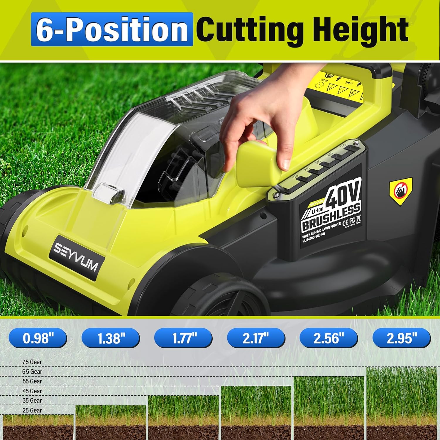 SEYVUM 40V 16-inch Cordless Lawn Mower with 45L Grass Collection Bag, 6 Position Height Adjustment Electric Lawn Mower, 2 x 20V 4.0Ah Battery Powered Push Lawnmower, 2.4A Fast Charger