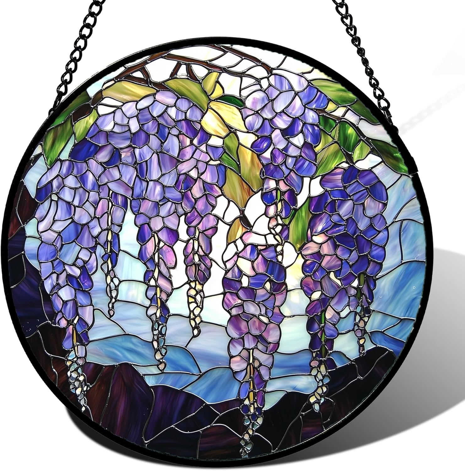 Stained Glass Window Hanging, Purple Wisteria Flowers Suncatcher for Doors Window Home Plant Sun Catchers Decoration Mother's Day Birthday Gifts for Women, Men, and Mom 9.8x9.8 in