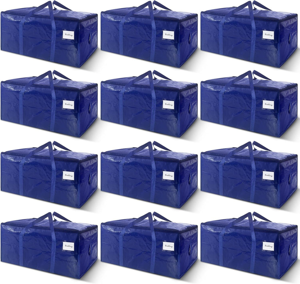 12 Pack Extra Heavy Duty Large Moving Bags with Strong Zipper & Carrying Handles, Sturdy Clothes Storage Bags Totes Bins, Packing Bag Move Boxes College Moving Supplies, Dark Blue - 24 gal