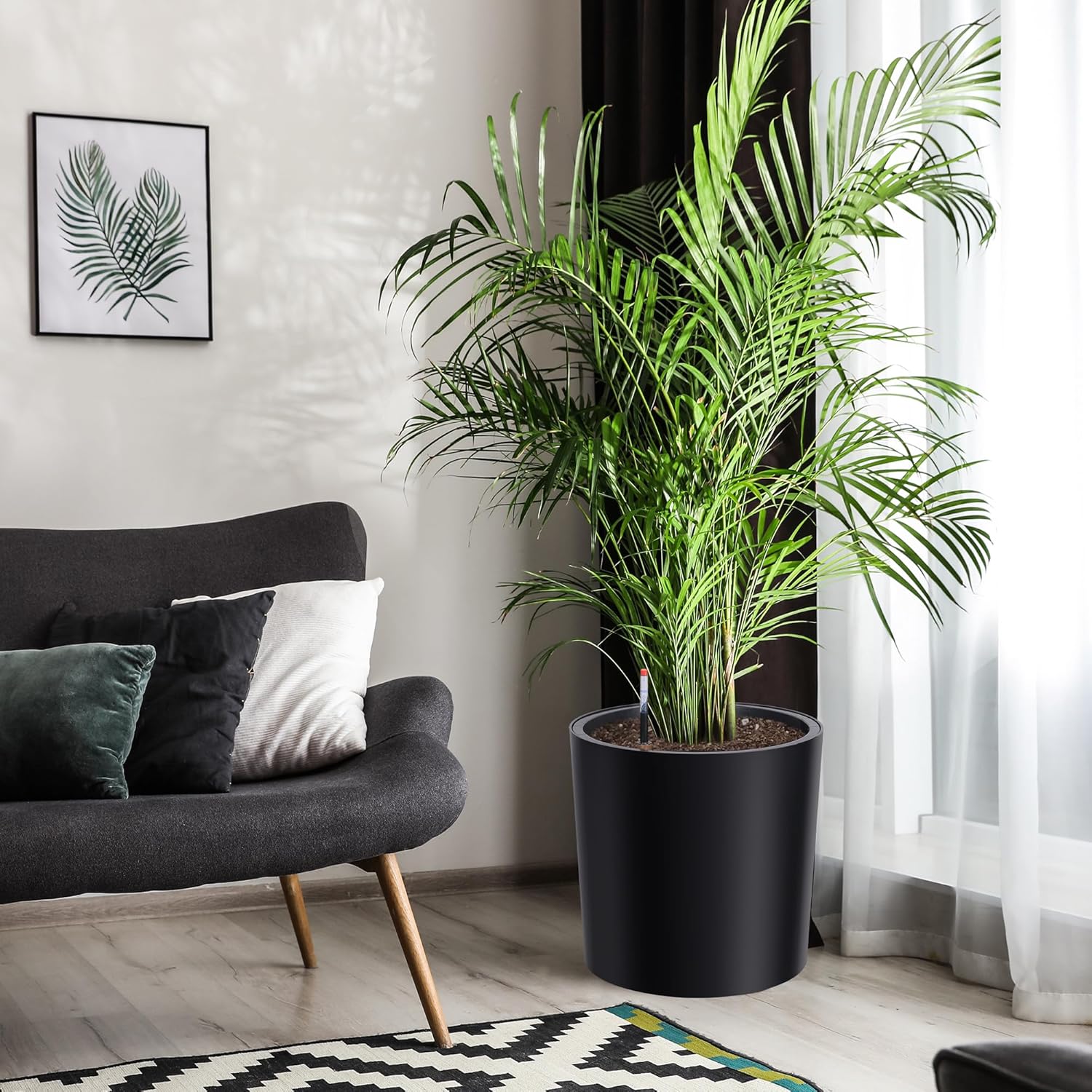 Tall Round Planter Set of 2, 19.5‘’ H x 19.9" Dia Large Planters for Indoor Plants with Built-in Drainage and a Water Level Monitor and Wheels for Patio, Porch, Living Room, or Home Office, Black