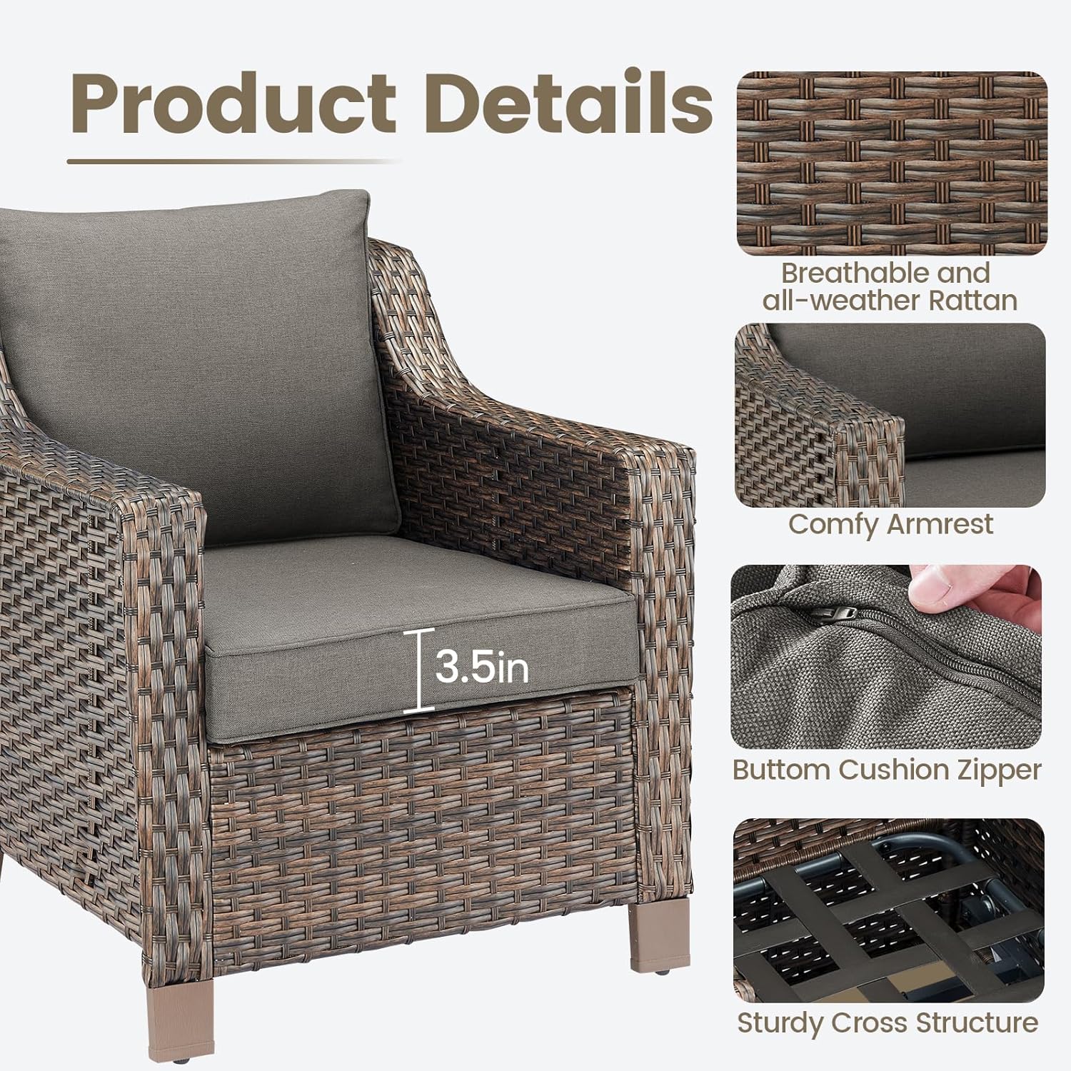 Outdoor Wicker Patio Chairs Set of 4 - Heavy Duty Outside Rattan Lawn Chair for Front Porch Balcony Backyard Yard Deck Poolside Apartment – Brown/Grey