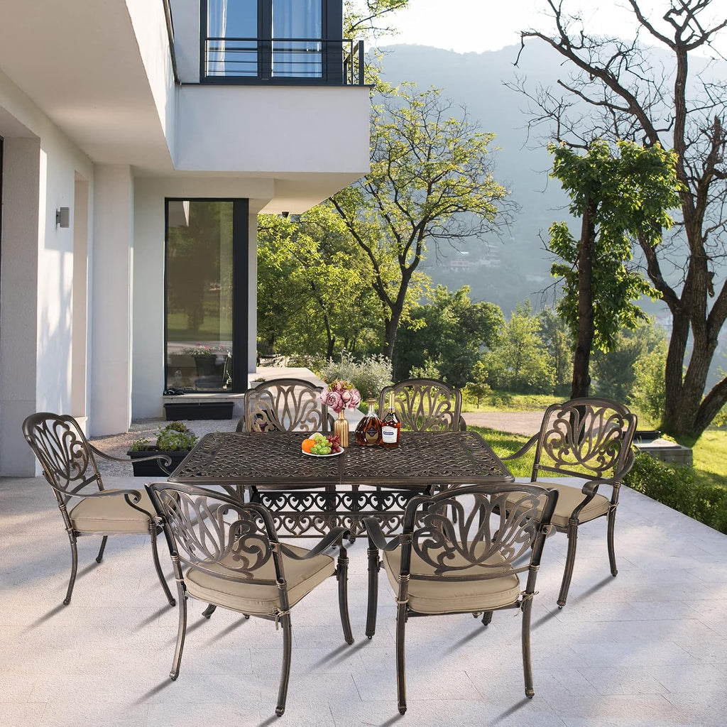 Outvita 59inch Patio Dinning Set, Outdoor Cast Aluminum Large Rectangle Table with Umbrella Hole and 6 Pieces Dining Chairs with Cushion for Backyard Pool Balcony Deck