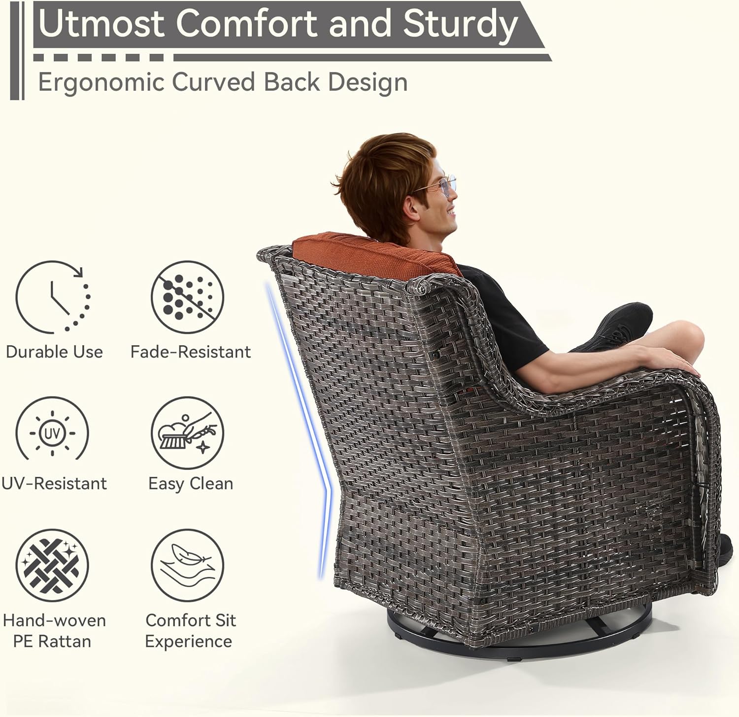 6 Pieces Outdoor Furniture Set - Patio Wicker Swivel Rocker Chair Set of 4 and 2 Side Table, Orange, Mixed Brown Rattan, Suitable for Porch, Yard