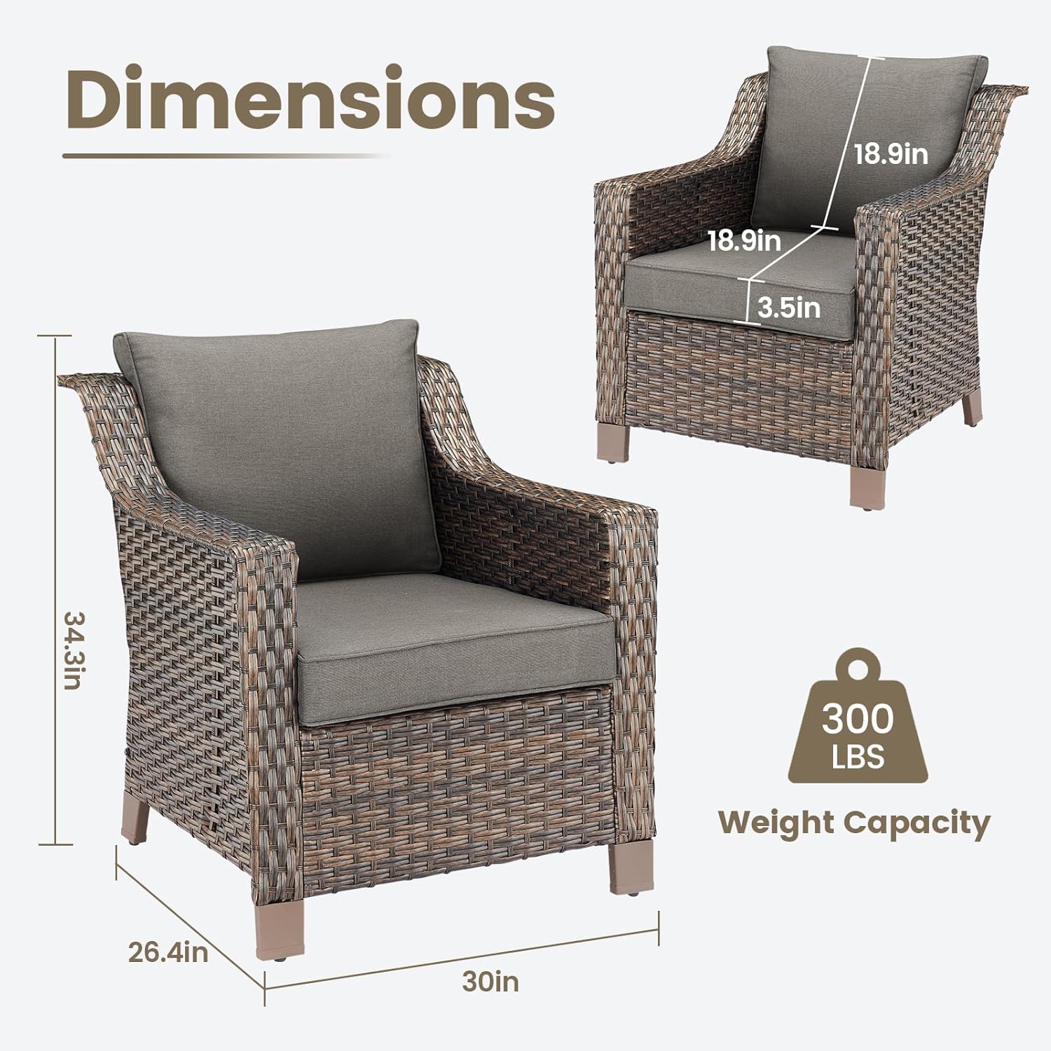 Outdoor Wicker Patio Chairs Set of 4 - Heavy Duty Outside Rattan Lawn Chair for Front Porch Balcony Backyard Yard Deck Poolside Apartment – Brown/Grey
