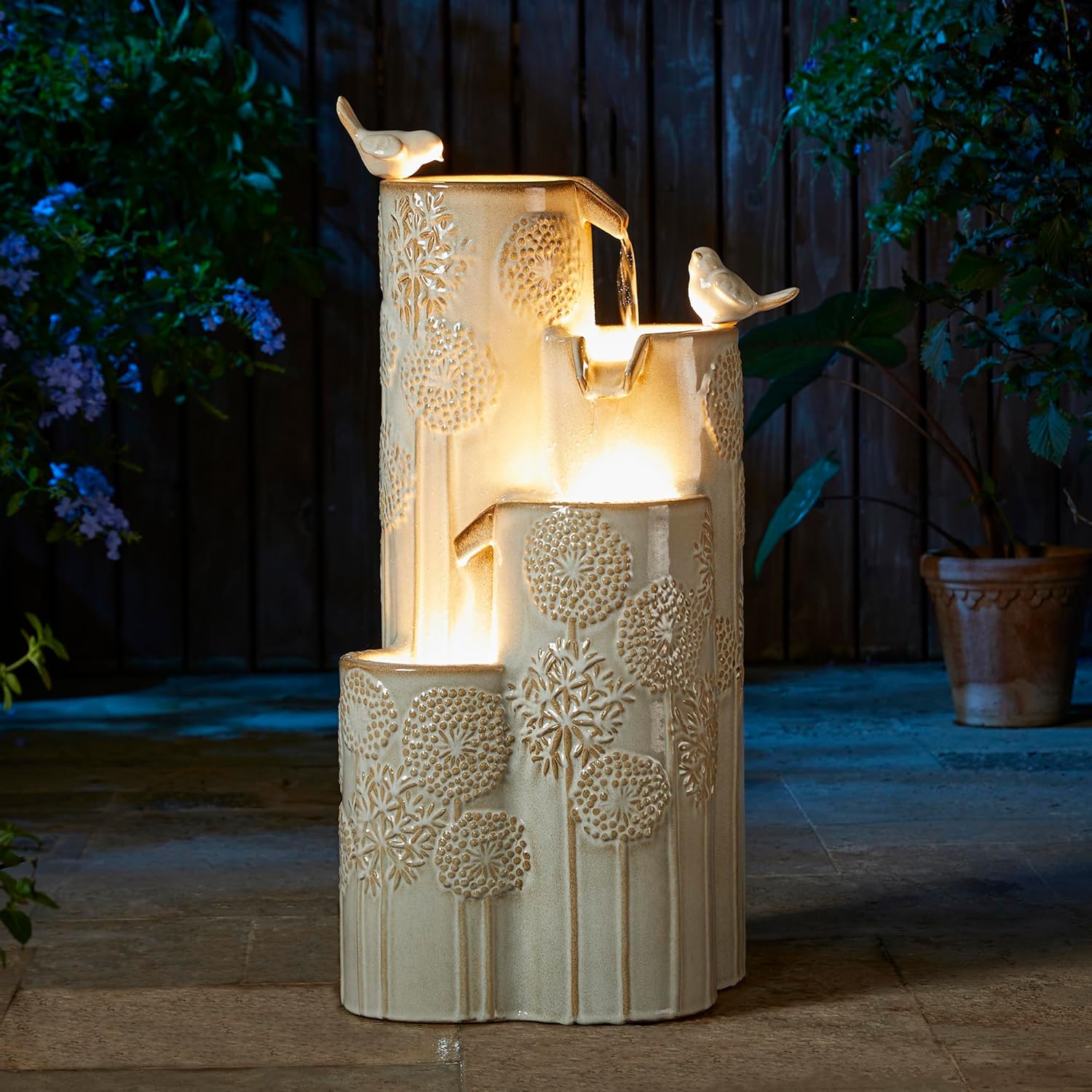 Glitzhome 31.75" H Outdoor Water Fountain with LED Lights and Pump, 4 Tier Dandelion Texture Vase Shaped Ceramic Floor Standing Fountain with Birds for Porch Deck Garden Patio Backyard, Sand Beige
