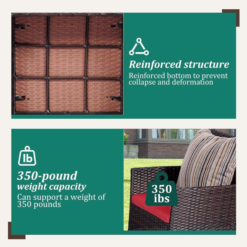 4 Piece Patio Furniture Set - Outdoor Conversation Sets with Coffee Table, Rattan Chair Set for Garden/Poolside, Brown/Red