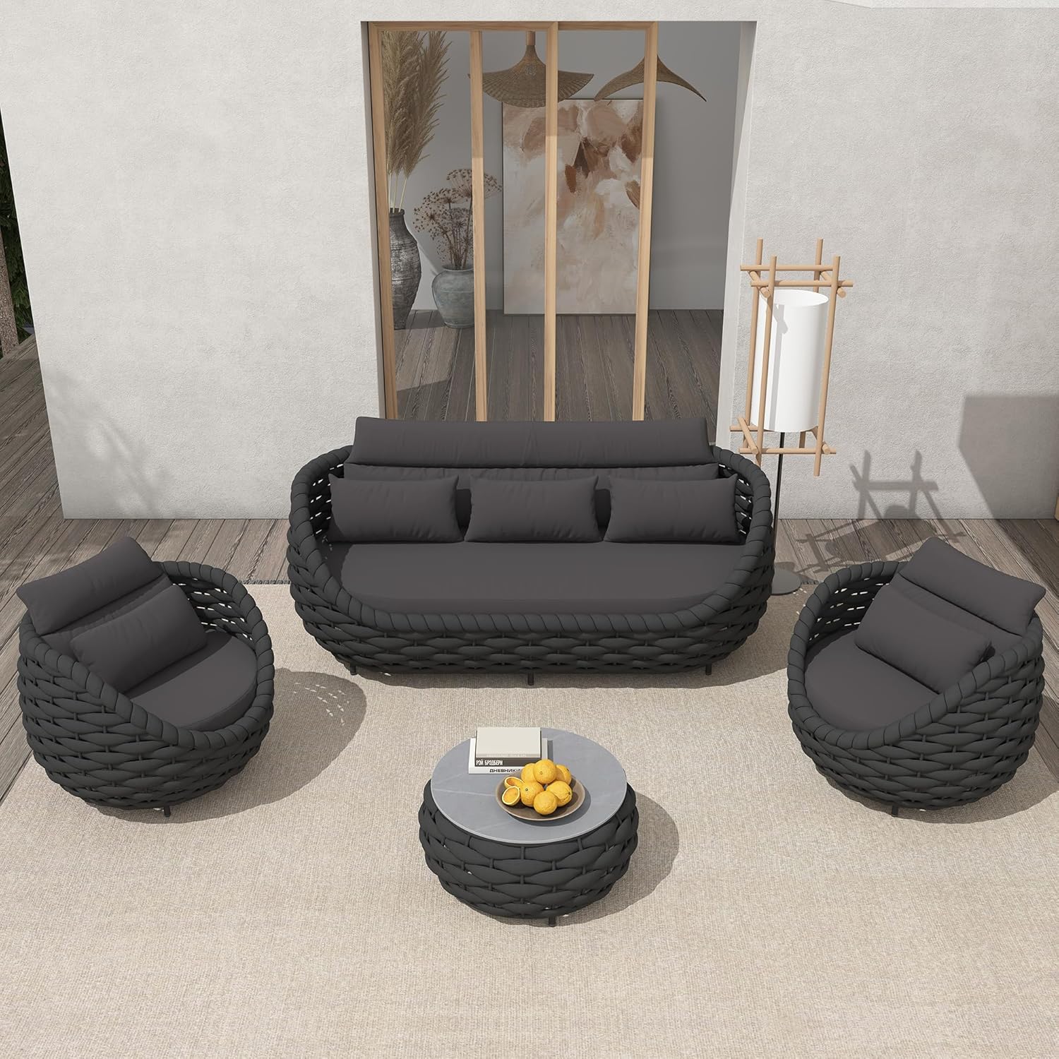 Aluminum Modern Patio Set Three Seater Sofa Outdoor Furniture Set w/Coffee Table,Patio Conversation Set with Hand Woven Teslin Rope for Bedroom Backyard Poolside, Dark Grey