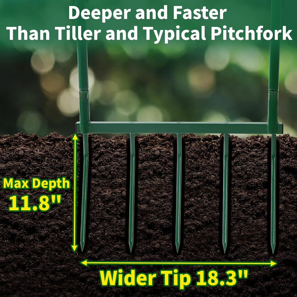 Broadfork Garden Tool with Steel Handle Heavy Duty Five Tines Broad Fork for Gardening Loosening and Aerating Soil, U-Shaped Design Hand Tiller, Compost Turner and Aerator