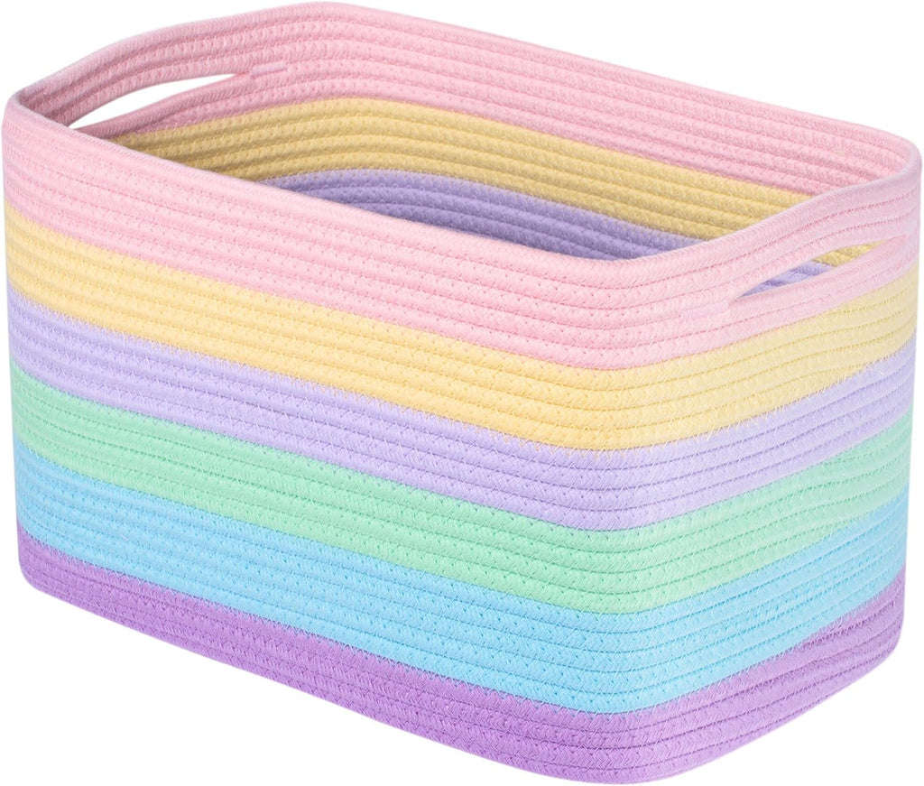 MINTWOOD Design Storage Basket for Shelves, Decorative Baskets for Organizing, Book Basket, Storage Cube Bin Box, Woven Closet Organizer, Pantry Closet and Shoe Basket, Pastel Rainbow