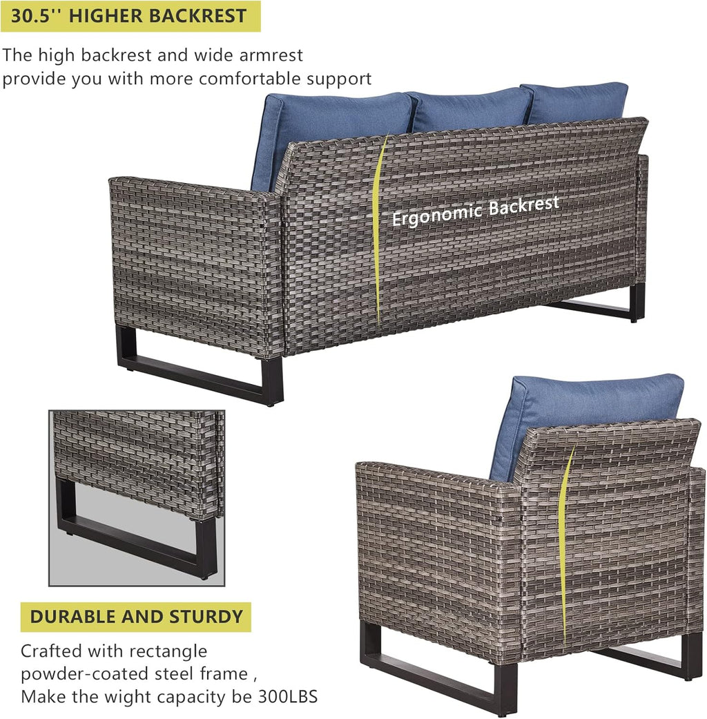 HUMMUH 7 Piece Patio Furniture with Fire Pit 30in 55,000 BTU,PE Wicker Outdoor Conversation Sets - Couch,Patio Chairs and Ottomans,Side Table for Porch,Garden,Backyard