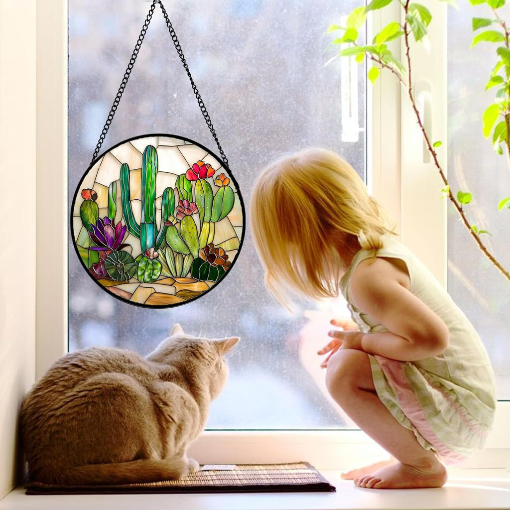 Stained Glass Window Hanging, White Green Cactus Suncatcher Diamond Glass Panel Hangings Sun Catchers Decor for Birthday for Women, Men, Wife, Aunt, and Mom 7.8 in