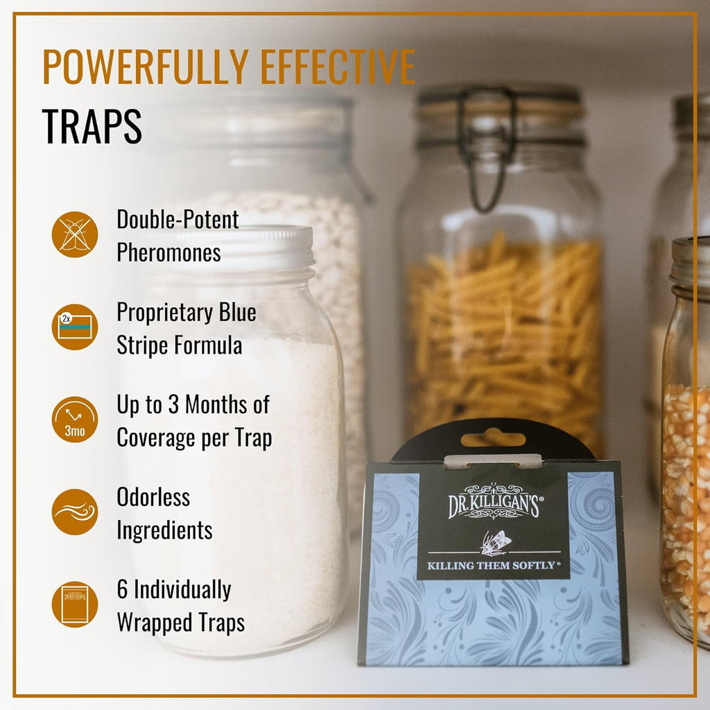 Dr. Killigan's Premium Double Potent Pantry Moth Traps with Pheromones Prime, Indian Meal Moth Traps for House, How to Get Rid of Moths in House (6 Count, Blue)