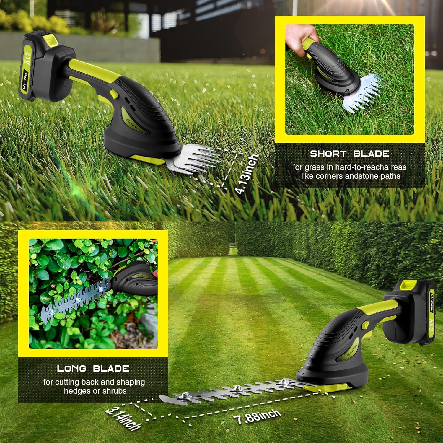 Cordless Hedge Trimmer - 2 Pack 21V Battery with Charger Powered Electric Trimmers, 2 in 1 Handheld Hedge Shears + Grass Cutter Pruning Shrub Cutting Small Branch Tool for Bush,Tree,Garden,Lawn,Yard