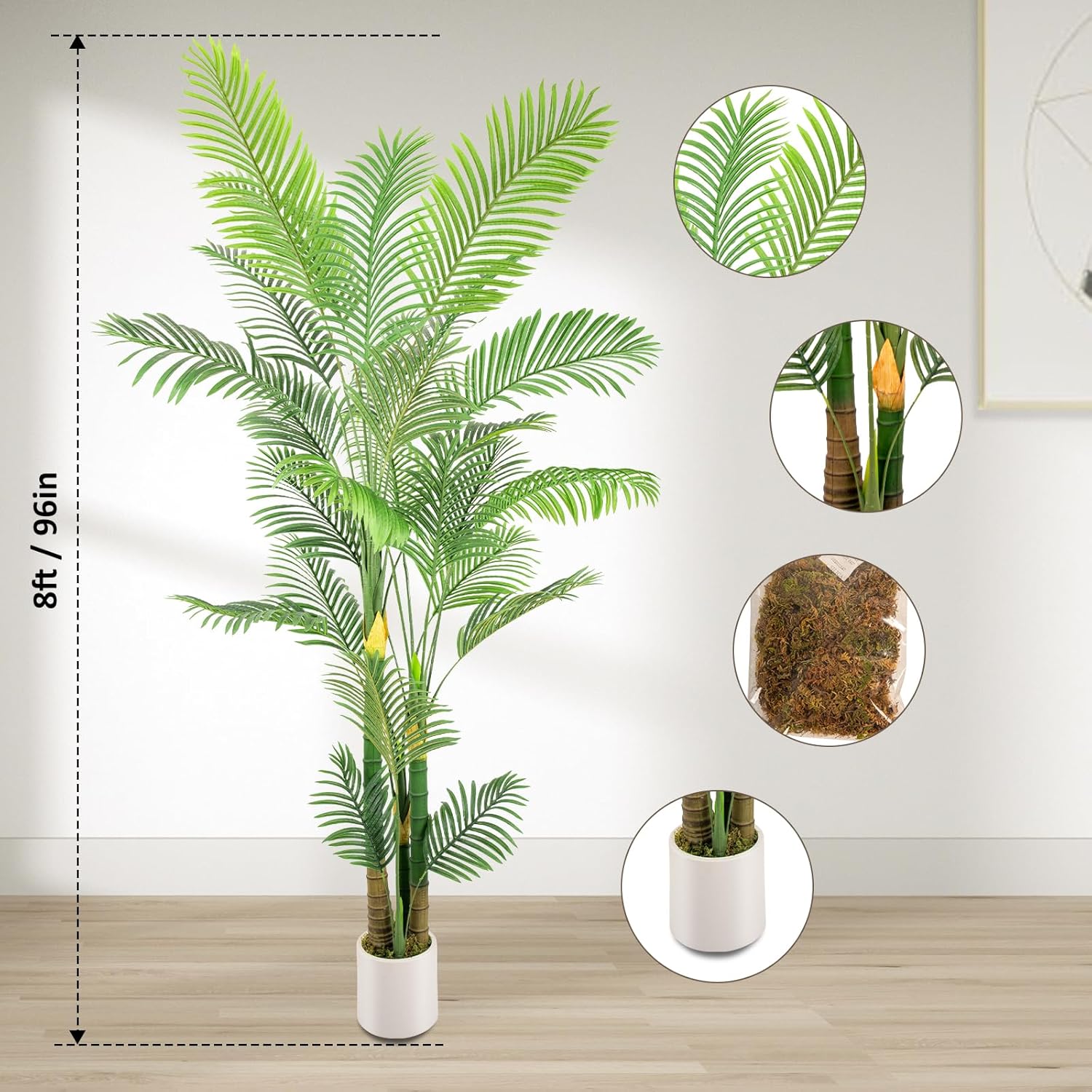 Artificial Fake Palm Tree 8FT 1Pack with White Planter & Free Moss, UV Resistant Artificial Palm Tree for Outdoors, Fake Plants for Poolside Home Room Decor, Faux Plants Outdoor Decor