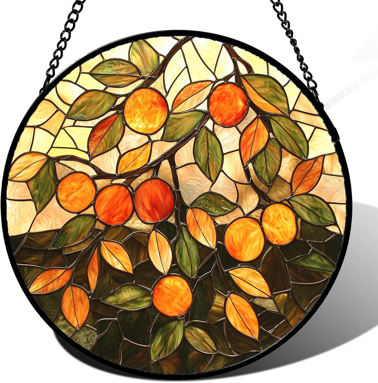 Stained Glass Suncatcher, Orange Green Fruit Tree Sun Catcher Landscape Stain Glass Window Hanging Decoration Mother's Day Birthday Gifts for Women Men Mom Nana 15 in