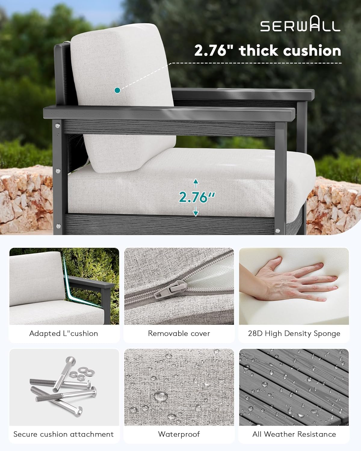 SERWALL 3 Pieces HDPE Outdoor Sofa Set with Cushions, All Weather Use Patio Couch Loveseat Furniture with Coffee Table for Balcony, Deck, Poolside, Grey Frame with Khaki Cushions