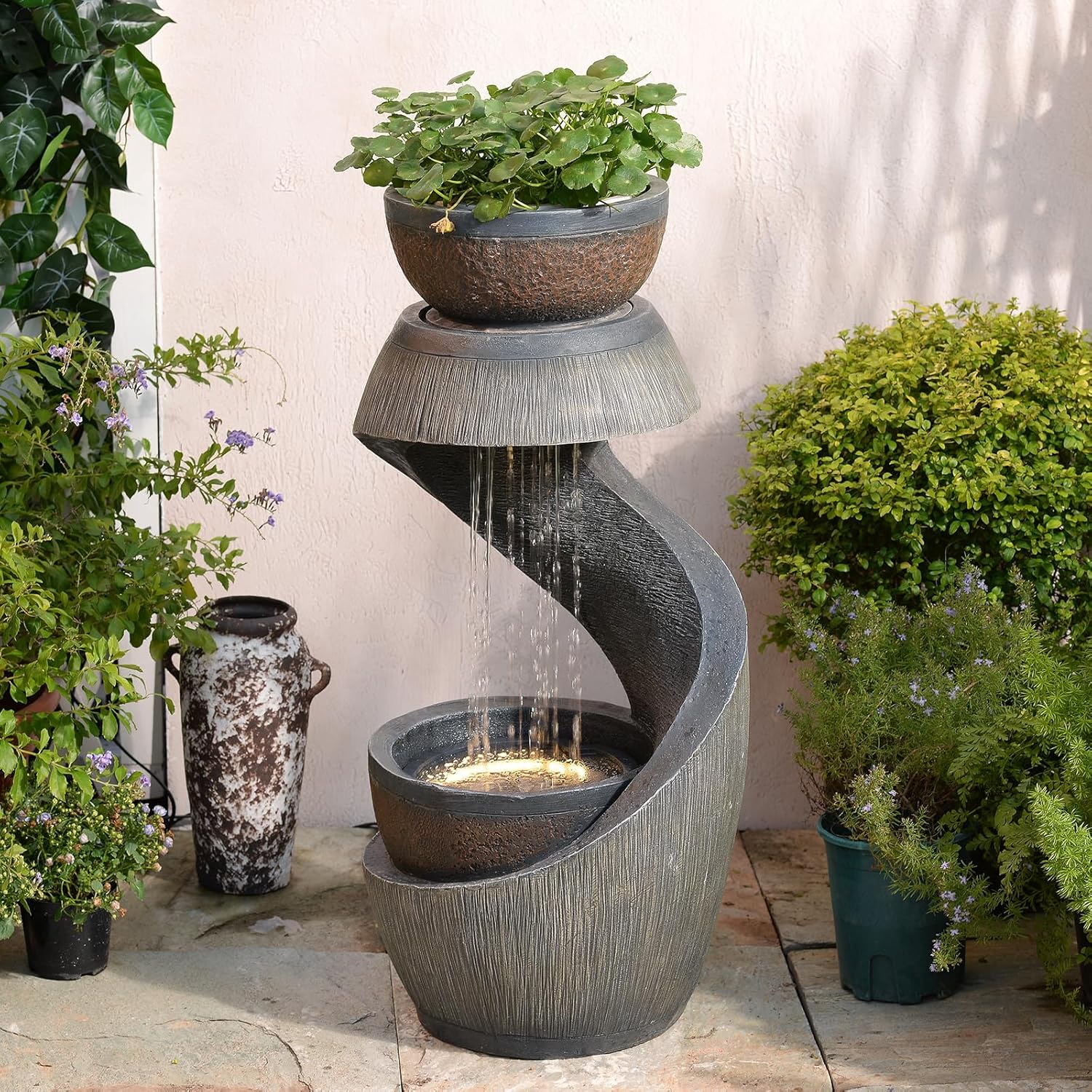 31.9" S-Shaped Water Outdoor Fountain–Modern Cascading Waterfall Feature with LED Lights & Planter Bowl, Garden Fountains Outdoor for Patio, Balcony, Yard or Home Decor, Resin Waterfall