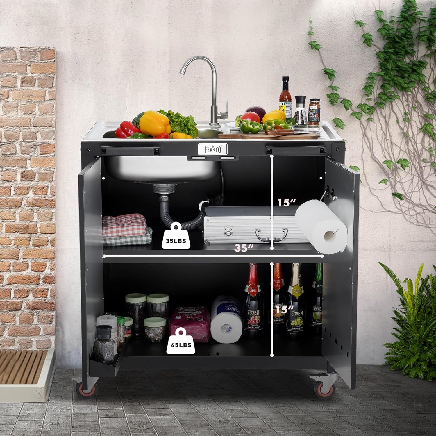 Freestanding Grill Cart with Sink and Cabinet, Movable Outdoor Cart Table with 304 Stainless Steel Sink, Outdoor Grill Cart,Outdoor Grill Station with Wheels, L35.4” x W24”