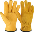OZERO Leather Work Gloves Flex Grip Tough Cowhide Gardening Glove for Wood Cutting/Construction/Truck Driving/Garden/Yard Working for Men and Women 1 Pair (Gold,X-Large)