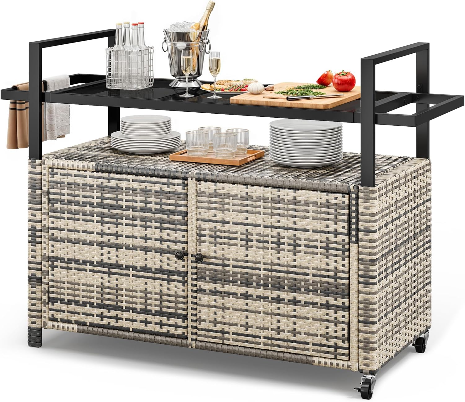YITAHOME XL Outdoor Storage Cabinet, Outdoor Storage Cart with Wheels and Black Glass Table Top for Patio, Outdoor Cabinet for Poolside and Backyard (Gray Gradient)