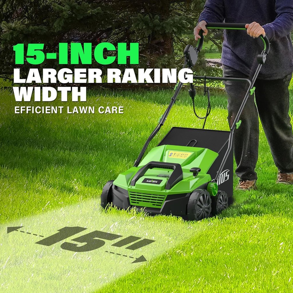 SOYUS 15-Inch 13-Amp Electric Dethatcher and Scarifier with 45L Removable Thath Collection Bag, Corded Lawn Dethatcher with 5-Position Depth Adjustment, Quick-Fold, Increases Lawn Health