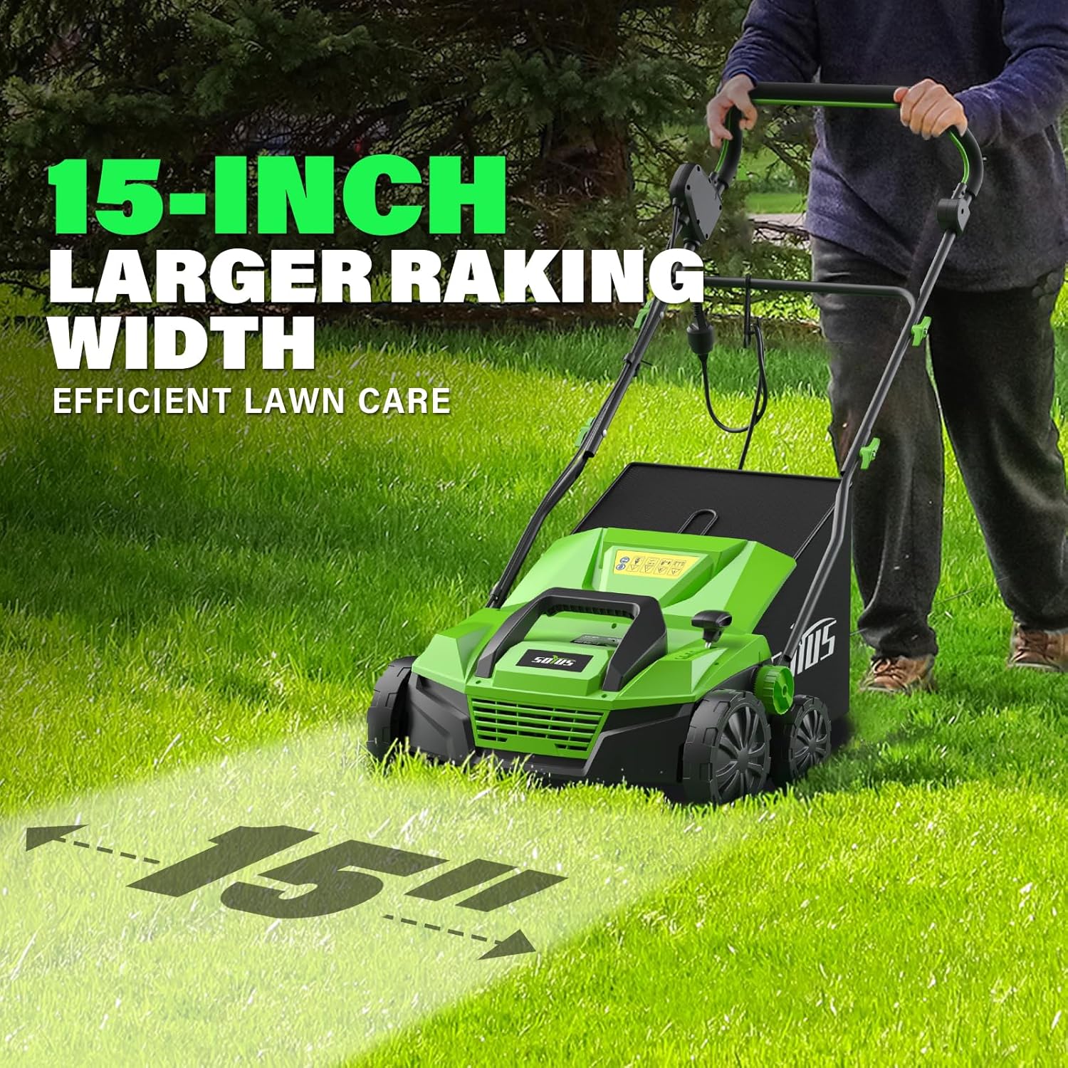 SOYUS 15-Inch 13-Amp Electric Dethatcher and Scarifier with 45L Removable Thath Collection Bag, Corded Lawn Dethatcher with 5-Position Depth Adjustment, Quick-Fold, Increases Lawn Health