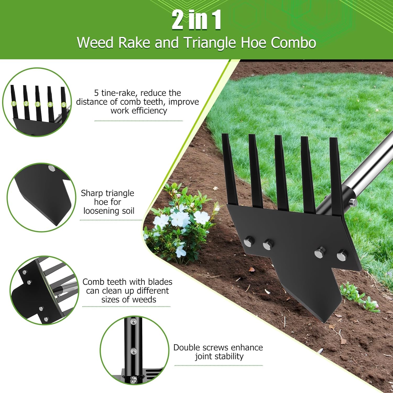 2-in-1 Hoe Garden Tools, 17-58" Weed Puller Tool with Long Handle, Heavy Duty Handle Garden Hoe and Weed Rake, Hoes for Gardening Yards Lawns Gardens Weeding
