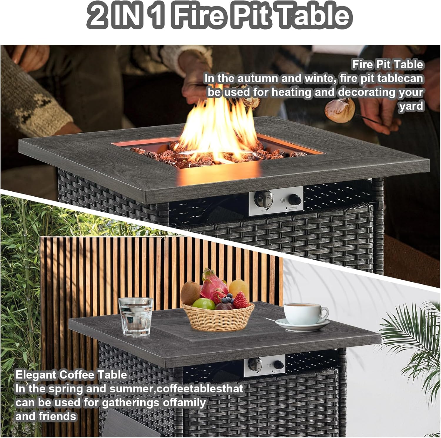 HUMMUH 5 Piece Patio Furniture Set,Wicker Swivel Rocker Patio Chairs Set of 4 with 30'' Fire Pit Table Outdoor Furniture Set for Porch,Garden,Backyard