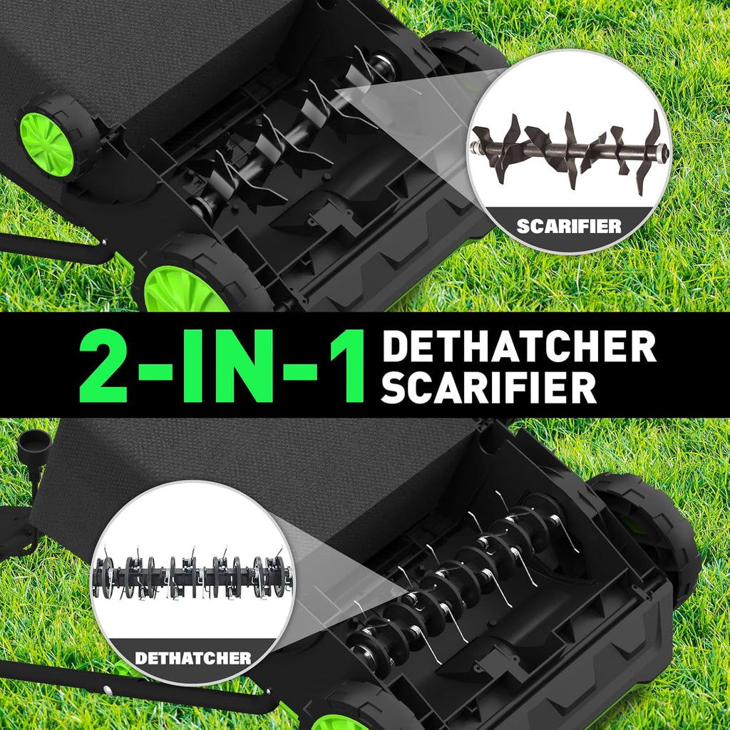 SOYUS Electric Dethatcher and Scarifier with 30L Collection Bag, 13-Inch 12 Amp 2-in-1 Corded Lawn Dethatcher with 4-Postion Depth Adjustment, Quick-Fold, Increases Lawn Health