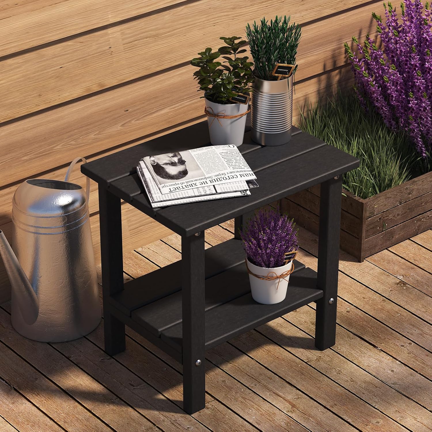 Double Adirondack Outdoor Side Table, Weather-Resistant Patio End Table for Backyard, Pool & Porch, Durable & Stylish Patio Side Table, Black
