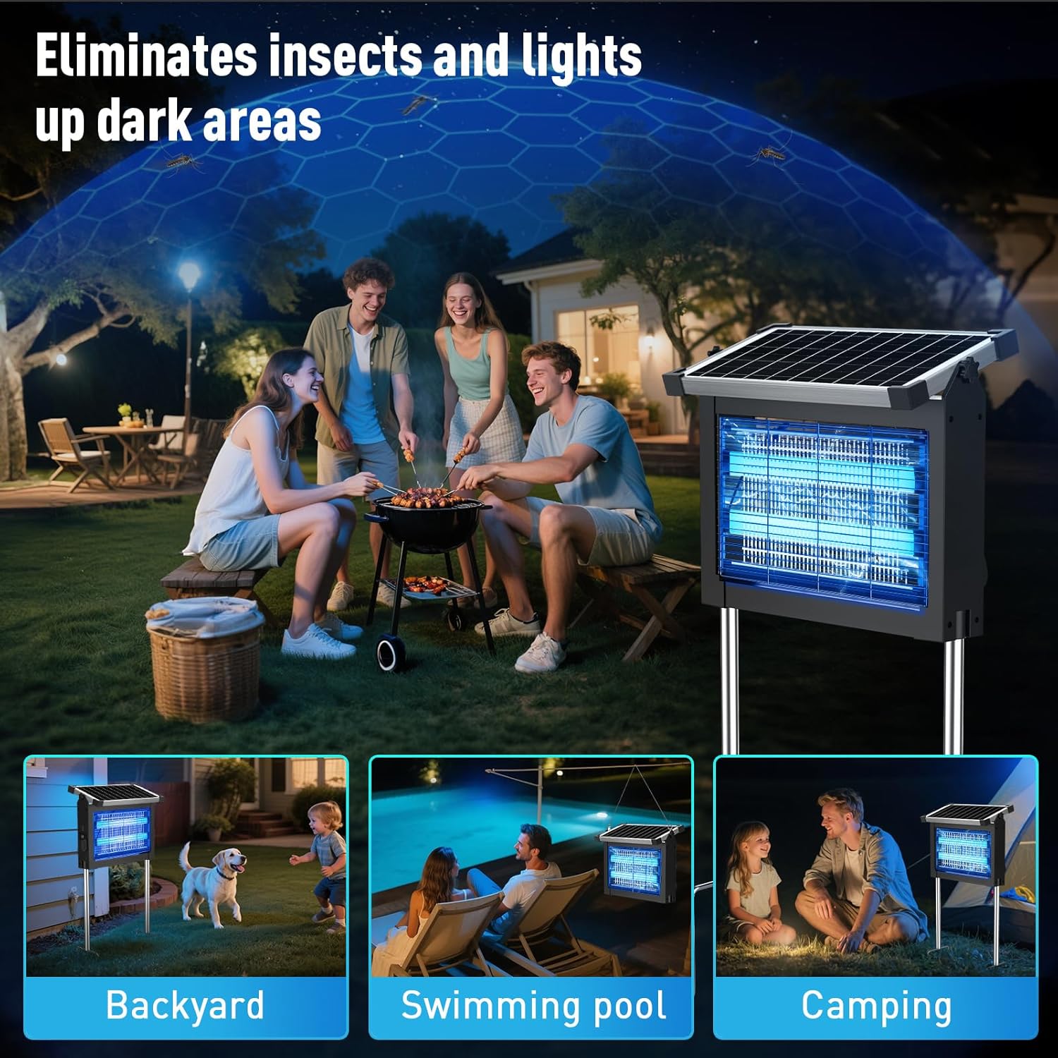 Solar Bug Zapper, 4500V IP66 Waterproof Outdoor Portable Rechargeable Electric Mosquito Killer for Camping, Patio, Garden Mosquito Zapper for Outdoor Use