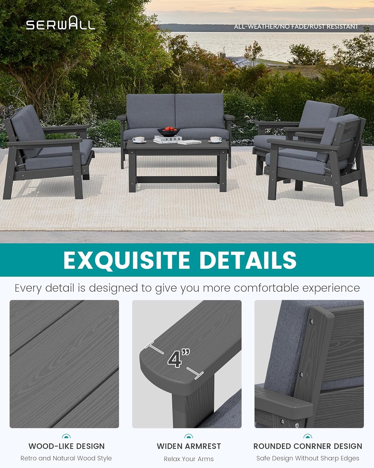 SERWALL HDPE Patio Furniture Set, 5 Piece All Weather Wood-Like Sectional Outdoor Furniture Set, Grey Patio Sofa Couch with Grey Cushions for Deck, Lawn