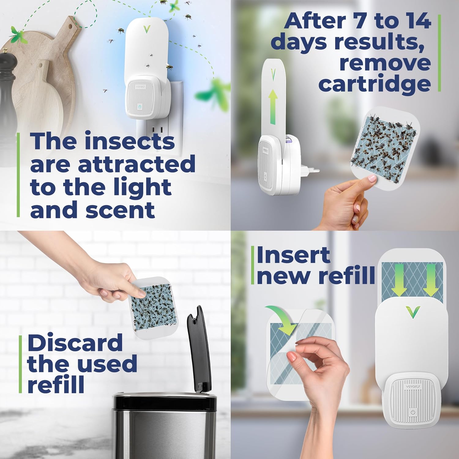 VEYOFLY Fly Trap Indoor, Fruit Fly Traps for Indoors, (4 Device + 12 Refills) Gnat Traps for House Indoor, Fly Catcher Indoor, Plug in Light Flying Insect Trap, Bug Light Killer, Fly Trap