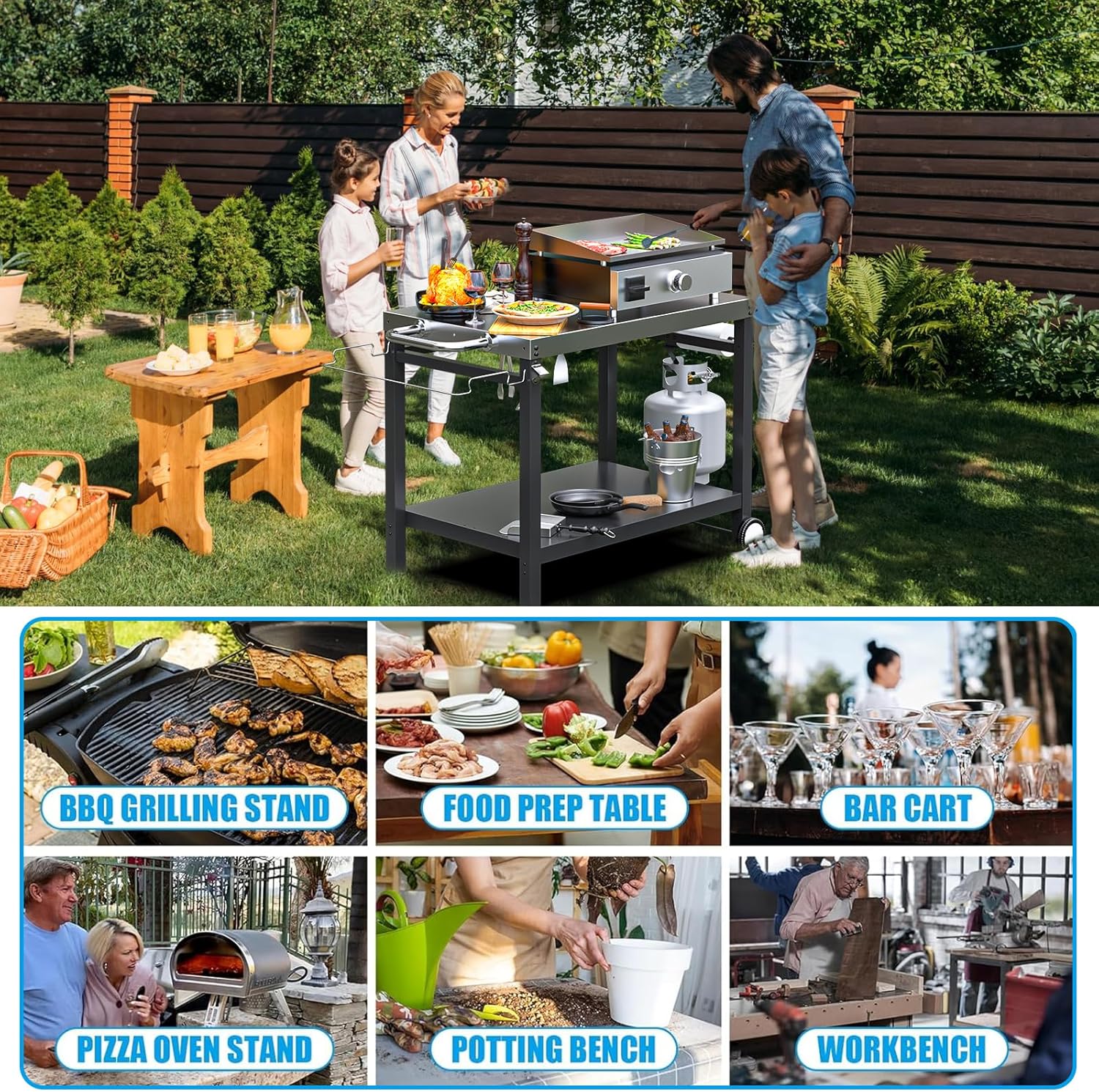 LS'BABQ Outdoor Grill Table Cart, Pizza Oven Stand, BBQ Prep Table with Trash Bag Holder Wheels & Hooks, Double-Shelf Movable Food Prep and Work Stand, Stainless Steel Flattop Grill Cart