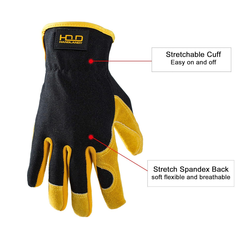 HLDD HANDLANDY Garden Gloves Men, Leather Work Gloves for Men & Women, Cowhide Gardening Gloves Utility Work Gloves for Mechanics, Construction, Driver (M, Yellow)
