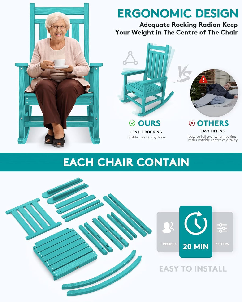 SERWALL Outdoor Rocking Chair Set of 2, HDPE Rocking Chairs for Adult, All Weather Porch Rockers for Lawn Garden, Aruba
