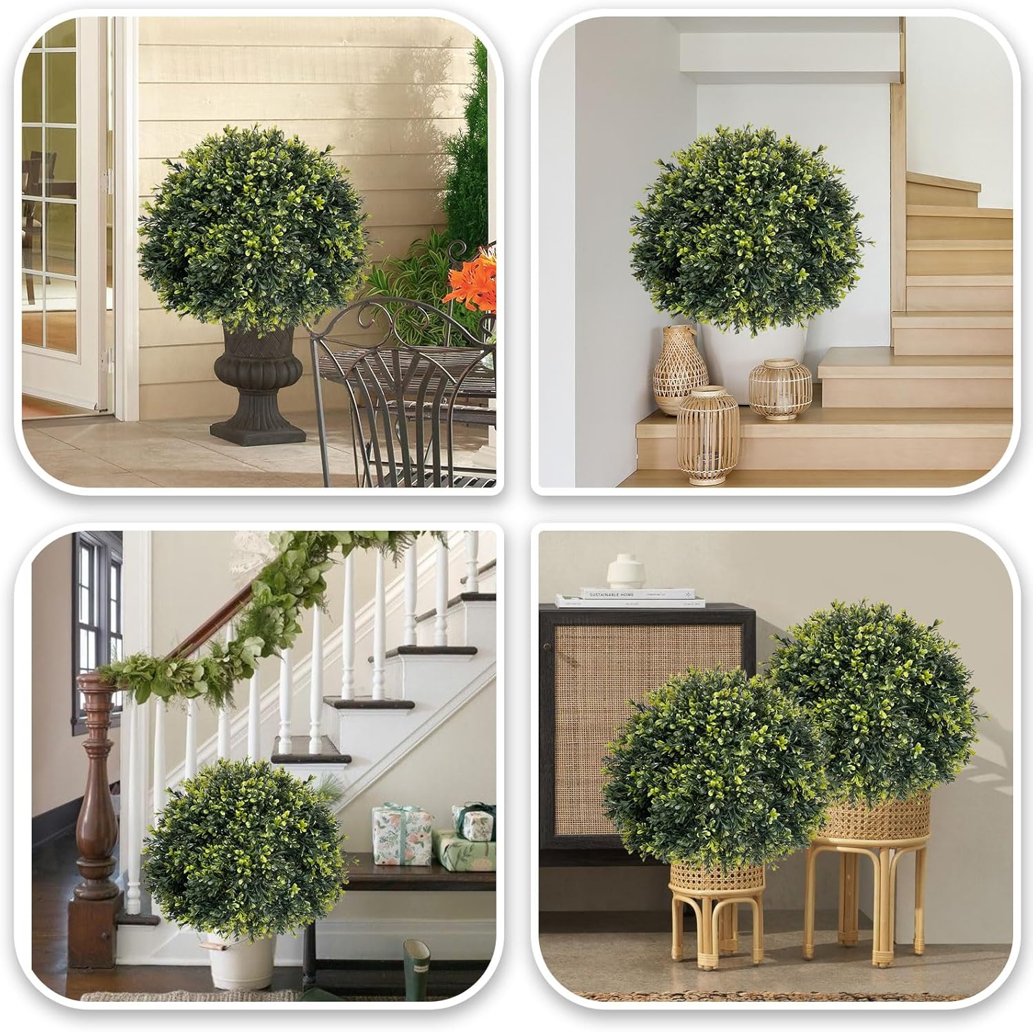 ICX 2 Pack 24" Artificial Boxwood Topiary Ball Trees with Ground Spike,Artificial Plants Outdoor,Fake Bushes & Shrubs for Porch, Garden, Front Porch Decor - Indoor/Outdoor Faux Plants