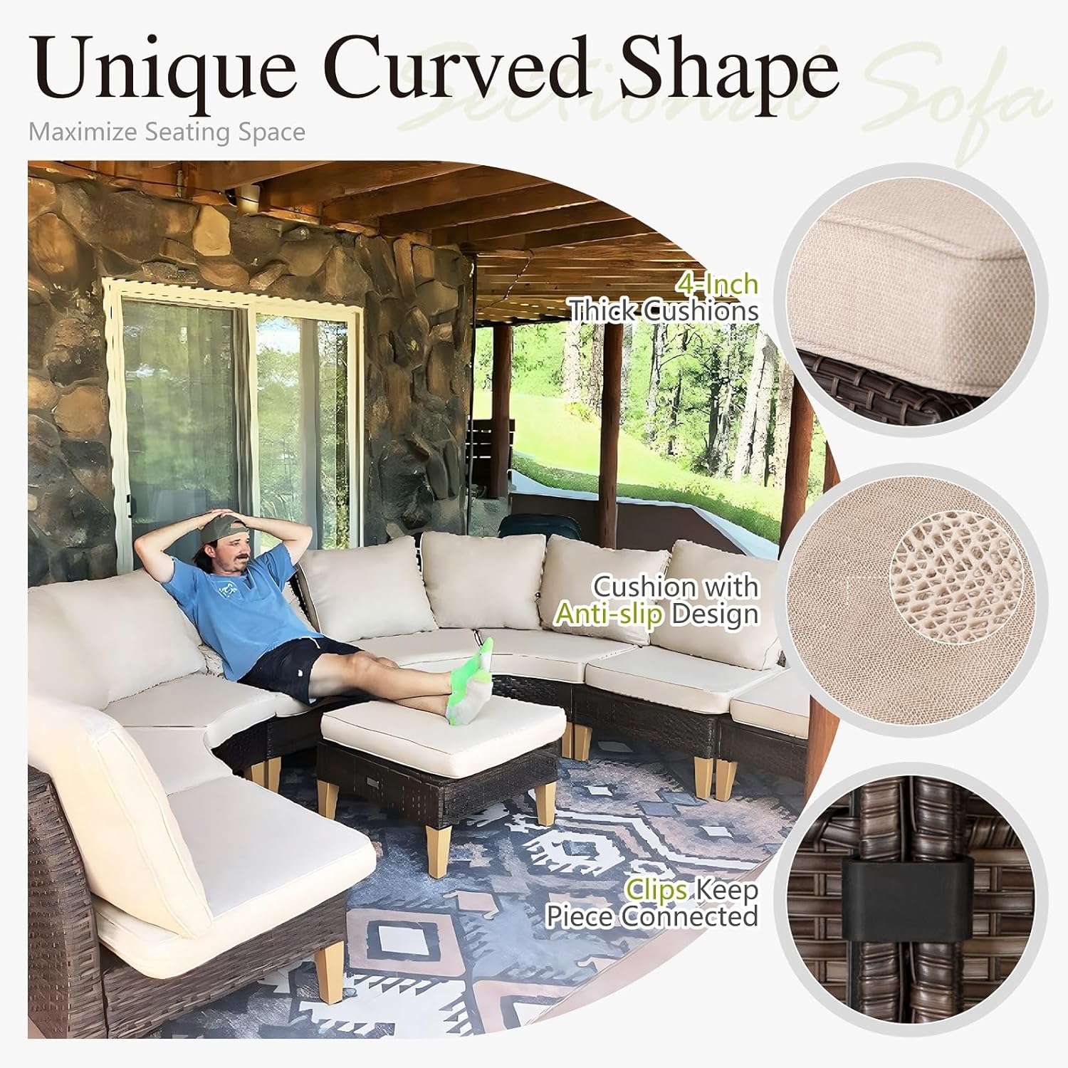 Sophia & William Oversized Half-Moon Outdoor Patio Furniture Set, 12 Piece Curved Outdoor Sectional Sofa Rattan Patio Conversation Set with 4 x Curved Sofa, 2X Armless Chairs, 2 x Ottoman, Beige