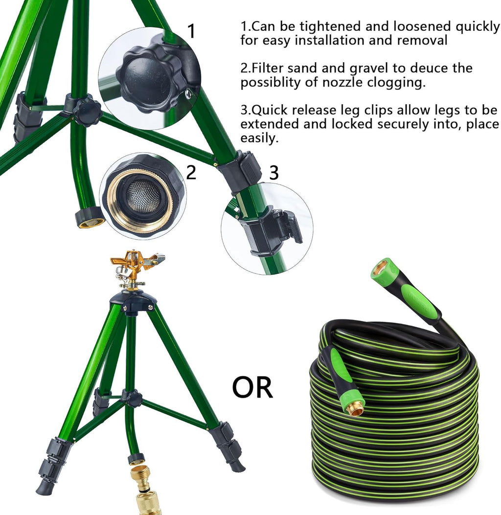 Impact Sprinkler on Tripod Base, Heavy Duty Adjustable Zinc Sprinkler Head for Lawn Yard Garden, 360 Degree Large Area Irrigation, 3/4" Connector Extension Legs Flip Locks, 2 Pack