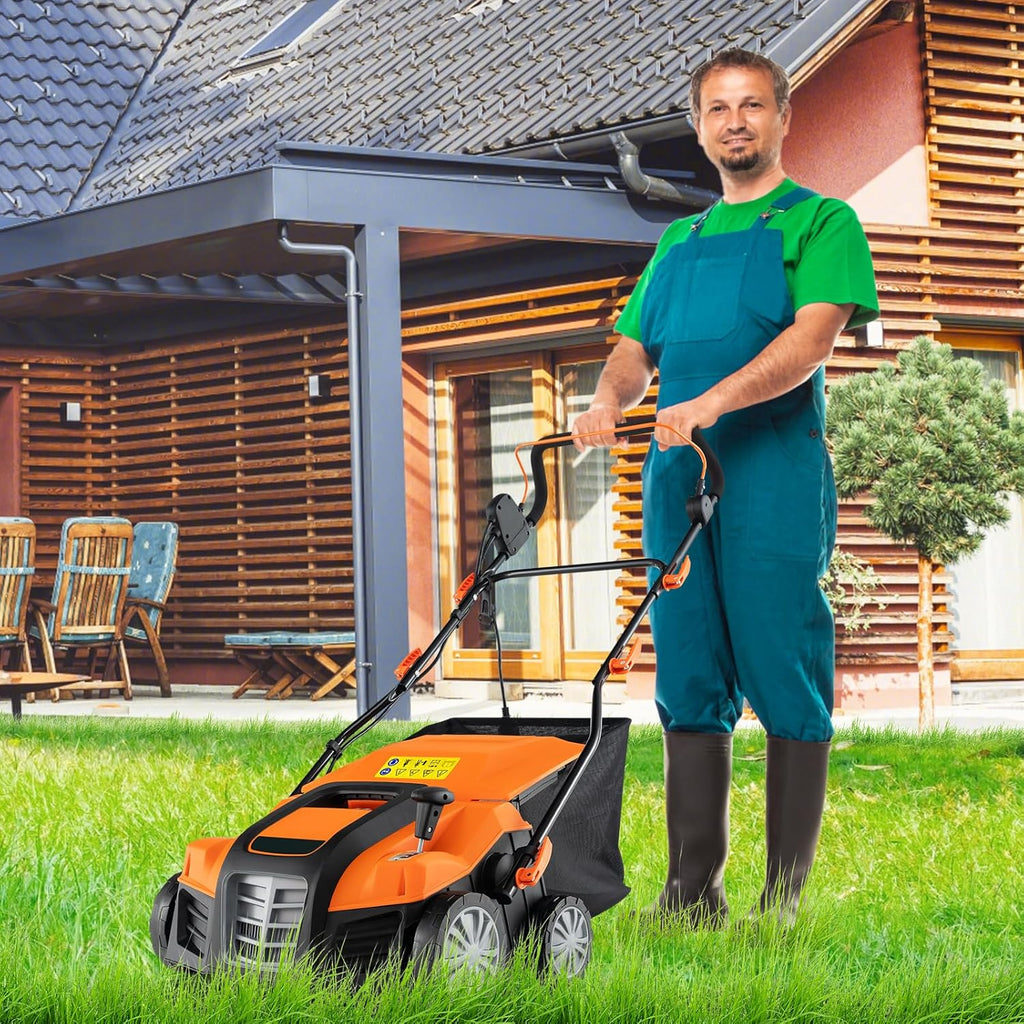 Goplus 2-in-1 Scarifier and Lawn Dethatcher, 16-Inch 15A Corded Electric Dethatcher w/ 14.5-Gal Collection Bag, 3-Position Height Adjustment & 5-Position Depth Adjustment, for Grass Garden Yard