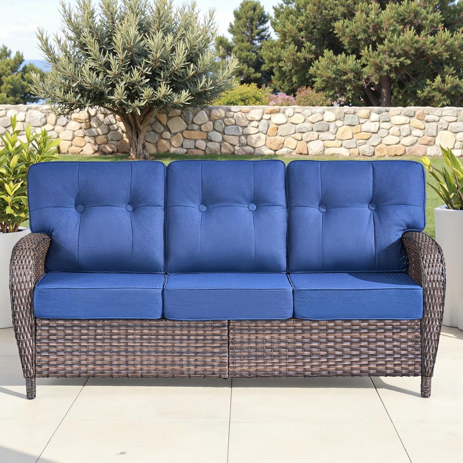 9-Piece Rotating Balcony Chair Set with 31-inch T-Shaped Wide backrest - Rattan Outdoor Rotating Balcony Chairs, Wide backrest Comfortable Outdoor Sliding Chair - Brown | Blue