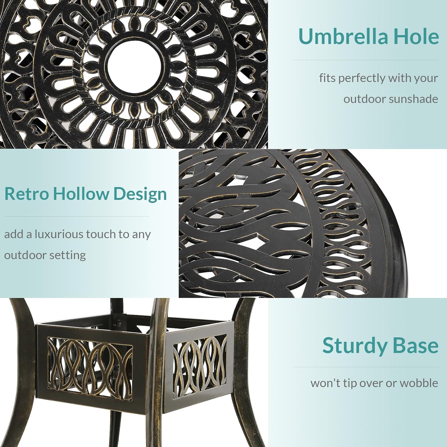 MEETWARM 3 Piece Patio Bistro Set, Outdoor All-Weather Cast Aluminum Dining Furniture Set Includes 2 Chairs with Cushions and a 35.4” Round Table with Umbrella Hole for Garden Deck, Ocean Blue